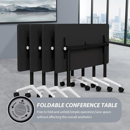 Folding Conference Table Modern Large Mobile Meeting Table Rolling Conference Room Tables with Wheels Seminar Tables for Office Training Classroom (8, Black, 55" D X 23.6" W X 29.5" H)