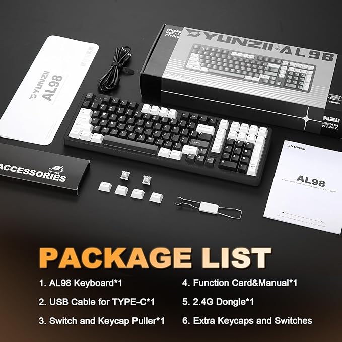 YUNZII AL98 QMK/VIA Wireless Mechanical Gaming Keyboard,Full Aluminum,BT/2.4G/USB-C, Pre-Lubed Hot Swappable Gasket Mount 1800 Layout,RGB Backlit for Win/Mac (Black, Cocoa Cream V2 Switch)