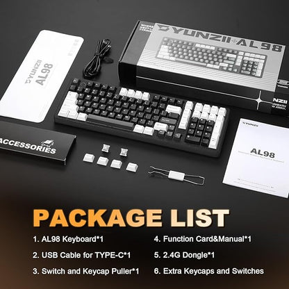 YUNZII AL98 QMK/VIA Wireless Mechanical Gaming Keyboard,Full Aluminum,BT/2.4G/USB-C, Pre-Lubed Hot Swappable Gasket Mount 1800 Layout,RGB Backlit for Win/Mac (Black, Cocoa Cream V2 Switch)
