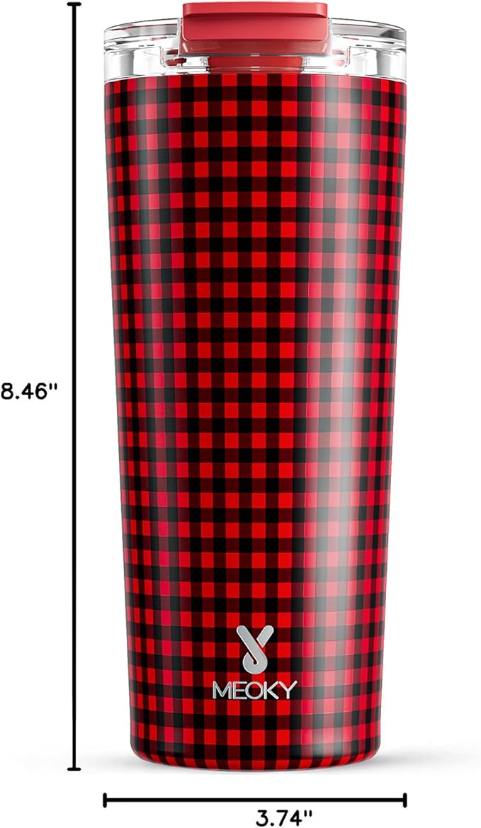Meoky 24 oz Travel Coffee Mug with Leak-proof Lid, Stainless Steel Insulated Coffee Tumbler, Keeps Hot for 8 Hours or Cold for 24 Hours, Fits in Car Cup Holder (Crimson Plaid)