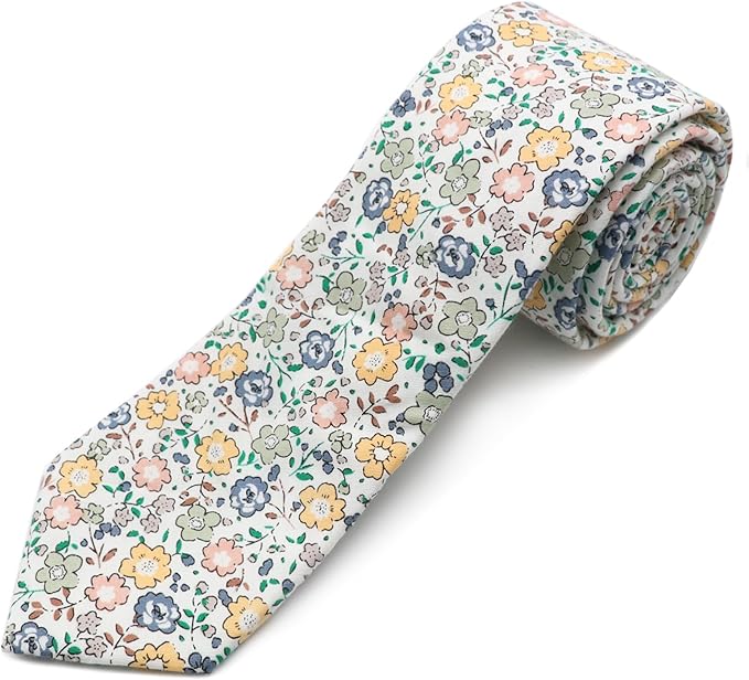Cotton Floral Ties for Men 2.76" Men's Skinny Tie Linen Flower Printed Neck Tie for Wedding Dating Party