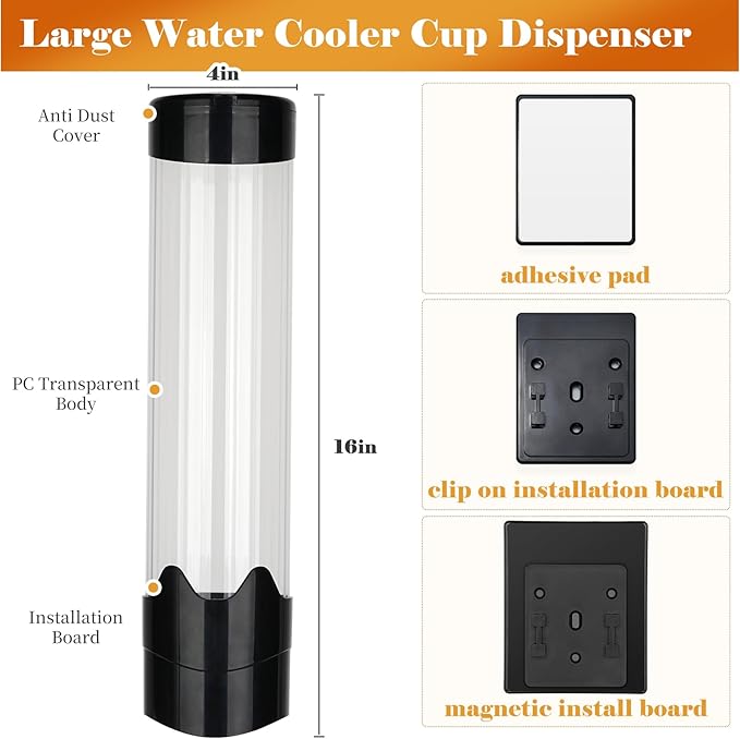 Upgraded Cup Dispenser, Wall Mount Pull Type Water Cooler Cup Holder for 9oz - 12oz Disposable Paper Plastic Cups for Home Office, with Magnetic Mounting Plate (Black)