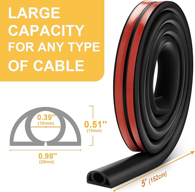 5ft Cord Cover Floor for Extension Cords, Self-Adhesive Floor Cable Cover to Protect Cables & Prevent Tripping, PVC Cord Hider Protector, Internal Wire Management Channel Diameter: 0.39", Gray