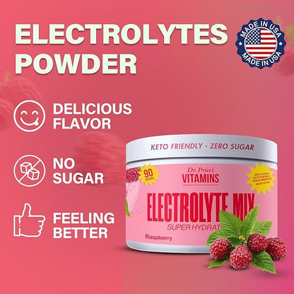 Dr. Price’s Electrolytes Powder Bulk | Raspberry 90 Servings | Sugar Free Hydration Powder with 72+ Trace Minerals | Keto, Vegan, Electrolyte Drink Mix | Doctor-Formulated, Made in USA