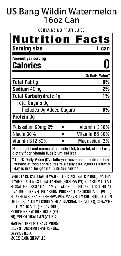 Bang Energy Wyldin’ Watermelon, Sugar-Free Energy Drink, 16-Ounce (Pack of 12)