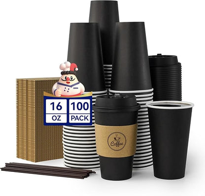 JOLLY CHEF 16 oz Coffee Cups-100 Pack, Disposable Black Hot Paper Cups with Lids, Sleeves and Stirrers for all Kinds of Beverages