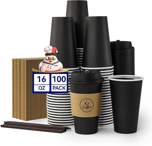 JOLLY CHEF 16 oz Coffee Cups-100 Pack, Disposable Black Hot Paper Cups with Lids, Sleeves and Stirrers for all Kinds of Beverages