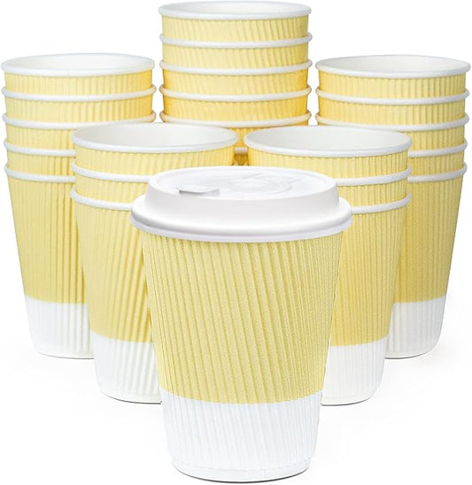 Disposable Coffee Cups With Lids - (80 set) 12 oz To Go Coffee Cups With Resealable Lids Prevent Leaks! Travel Insulated For Hot Beverages. Will Not Bend With Heat Or Burn Fingers!