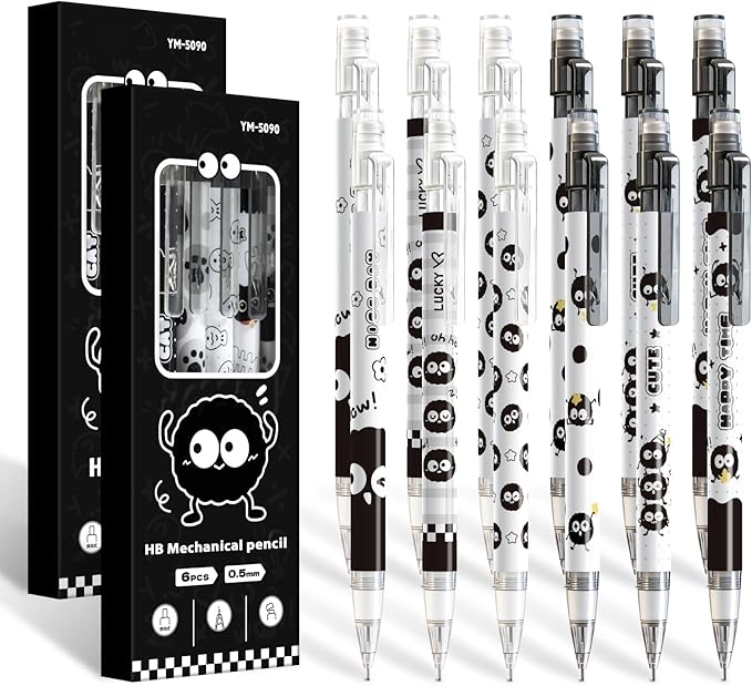 12Pcs Cute Black Mechanical Pencils with Eraser 0.5mm Kawaii Cartoon Mechanical Pencil School Pencil Gifts for Women Man