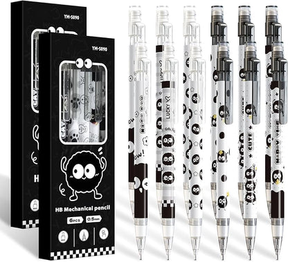 12Pcs Cute Black Mechanical Pencils with Eraser 0.5mm Kawaii Cartoon Mechanical Pencil School Pencil Gifts for Women Man