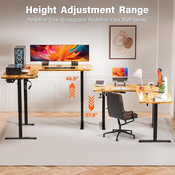 63″ L Shaped Standing Desk Electric Adjustable Height with A/C Charging Port, Large Corner Desk & Storage, Sit Stand Computer Table, Raised L-Shaped Workstation with Splice Board for Home Office