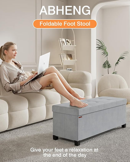Foldable Storage Ottoman Bench, Velvet Footrest and Seat Cube with Feet, Storage Chest, for Living Room, Bedroom and Office, 15 x 43 x 15.7 Inches, Dove Gray, ASND24G