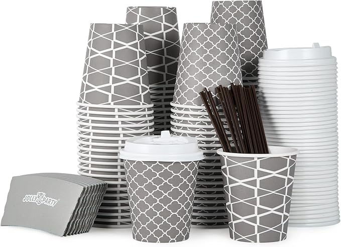 JOLLY PARTY [100 Sets] 10 oz Paper Coffee Cups, Disposable Coffee Cups with Lids, Sleeves and Straws, Hot Cold Beverage Drinking Cup for Water or Tea, To-Go Cups Suitable for Office and Travel