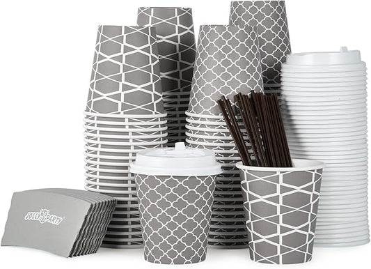 JOLLY PARTY [100 Sets] 10 oz Paper Coffee Cups, Disposable Coffee Cups with Lids, Sleeves and Straws, Hot Cold Beverage Drinking Cup for Water or Tea, To-Go Cups Suitable for Office and Travel