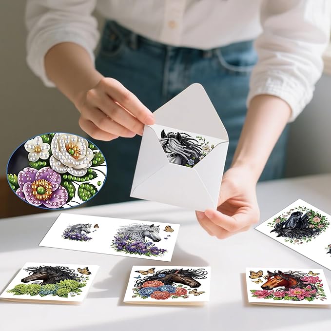 jinglinhh 12pcs Diamond Art Painting Flowers Horse Greeting Cards with Envelopes, DIY Card Making Kits for Adults, Diamond Art Christmas Cards for Birthday Holiday Postcards Craft Gifts