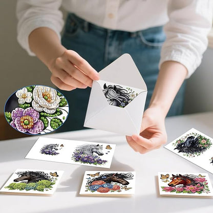 jinglinhh 12pcs Diamond Art Painting Flowers Horse Greeting Cards with Envelopes, DIY Card Making Kits for Adults, Diamond Art Christmas Cards for Birthday Holiday Postcards Craft Gifts