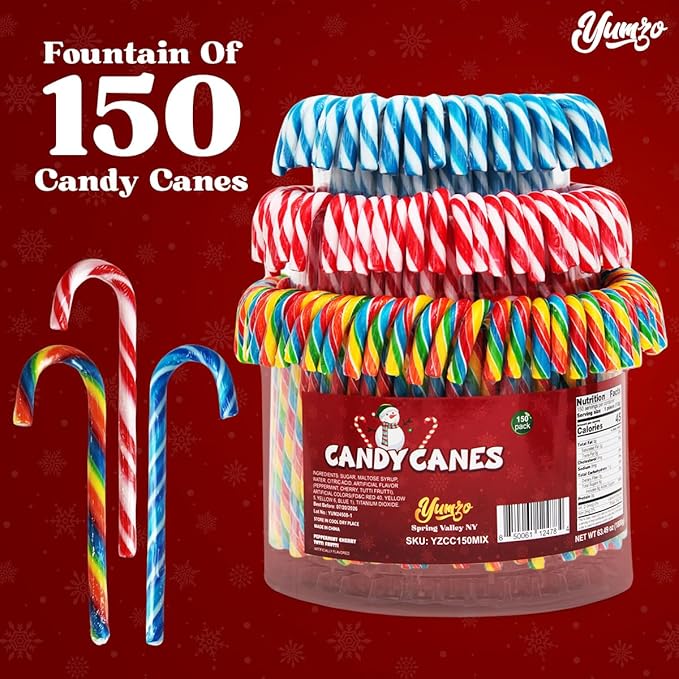 Christmas Candy Canes Tutti Frutti, Blue/White Peppermint, Red and White Cherry Mix Flavors - Bulk Candy Canes Individually Wrapped for Family Holiday Indulgement, Candy Cane Gift Set (150 Count)