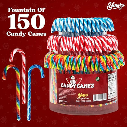 Christmas Candy Canes Tutti Frutti, Blue/White Peppermint, Red and White Cherry Mix Flavors - Bulk Candy Canes Individually Wrapped for Family Holiday Indulgement, Candy Cane Gift Set (150 Count)