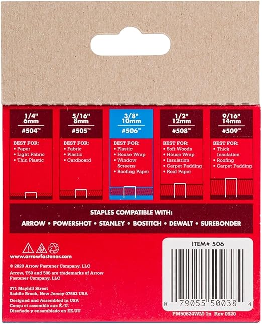 Arrow 506 T50 Heavy Duty Staples, 3/8-Inch Leg Length, 3/8-Inch Crown Width Staples for Upholstery, Construction, Furniture, Crafts, 1250-Pack