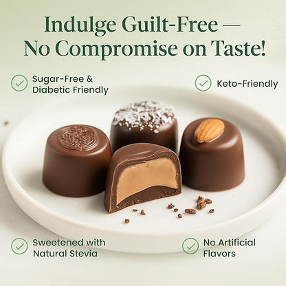 Andy Anand Chocolatier Sugar Free Belgian Chocolate Truffles with 6 Assorted Flavors, Espresso, Hazelnut, Strawberry, Coconut, Cherry, & Orange, Gluten Free Chocolate Gift Box (24 Pcs)