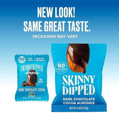 SkinnyDipped Dark Chocolate Cocoa Almonds, Healthy Snack, Plant Protein, Gluten Free, 0.46 oz Mini Bags, Pack of 24