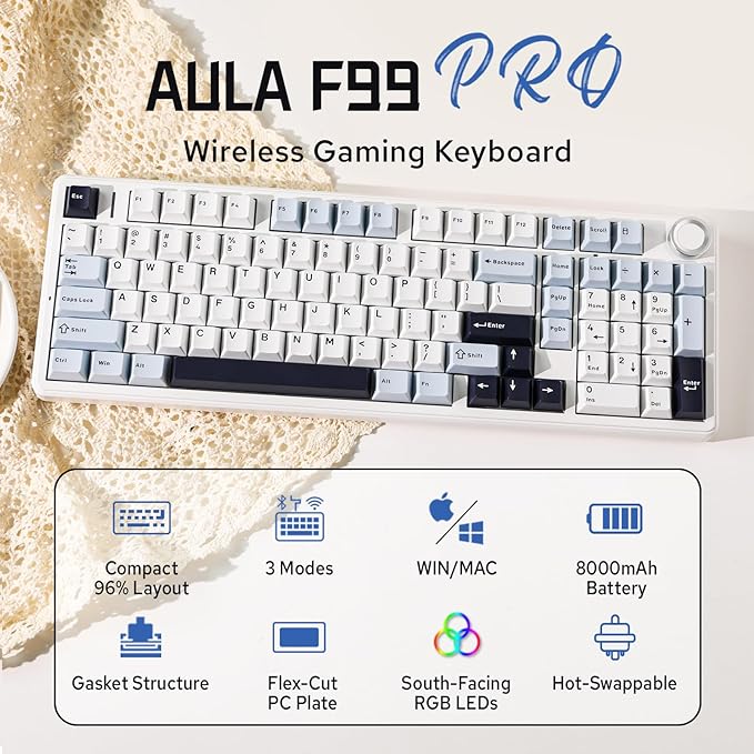 MechLands Aula F99 PRO 96% Mechanical Gaming Keyboard, BT5.0/USB-C/2.4GHz Wireless, Hot Swappable Gasket Custom Keyboard with 8000mAH Battery, Rotary Knob, RGB Backlit for Win/Mac (White Blue)