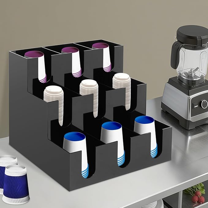 Acrylic 9-Slot Cup Dispenser Organizer, 13x13x12 Inch Black Coffee Cup Holder for Countertop, Fits 3.54-3.94 Inch Diameter Disposable Cups, for Kitchen, Office, Bar, Coffee Station