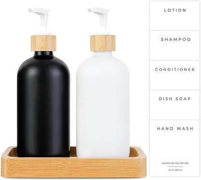 Emerson Essentials Soap Dispenser, Dish Soap Dispenser for kitchen, Hand Soap Dispenser Bathroom | Kitchen Soap Dispenser Set, Glass Hand Soap and Lotion Set for Bathroom, 16 Oz, Bamboo Tray, Set of 2