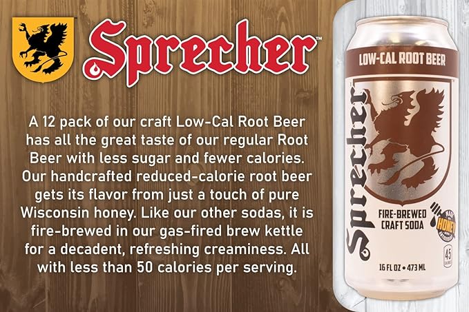 Sprecher Low-Cal Root Beer Craft Soda – Fire-Brewed Reduced-Calorie Soda with Real Wisconsin Honey, 16 fl oz Cans (12 Pack) – Caffeine-Free, Kosher, Gourmet Beverage