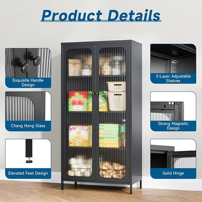 63'' Kitchen Pantry Storage Cabinet, Metal Display Cabinet with Glass Door and 3 Adjustable Shelves, Kitchen Hutch Storage Cabinet for Dining Room, Living Room, Assemble Required (Black)