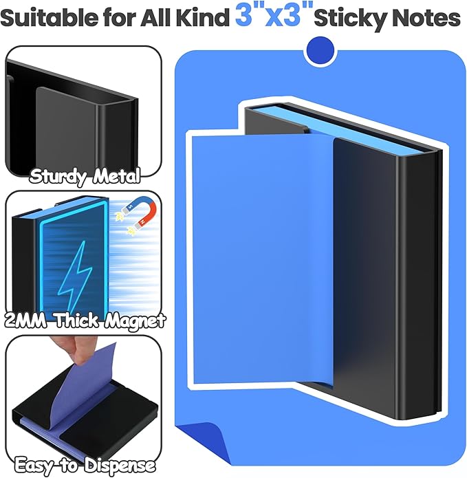 2 Pcs Sticky Note Dispenser, Magnetic Sticky Note Holder for Post It Notes, 3 x 3 Inch Sticky Note Organizer for Office Home Classroom, Black