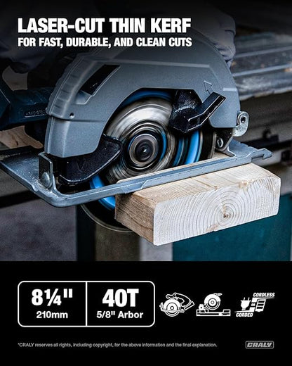 CRALY 8-1/4 Inch 40 Teeth Fine Finish Wood Cutting Circular Saw Blade, 5/8 Inch Arbor, Carbide Tipped, Thin Kerf, Black Ice™ Coating, for Plywood, MDF, OSB, Laminated(C0840FF)
