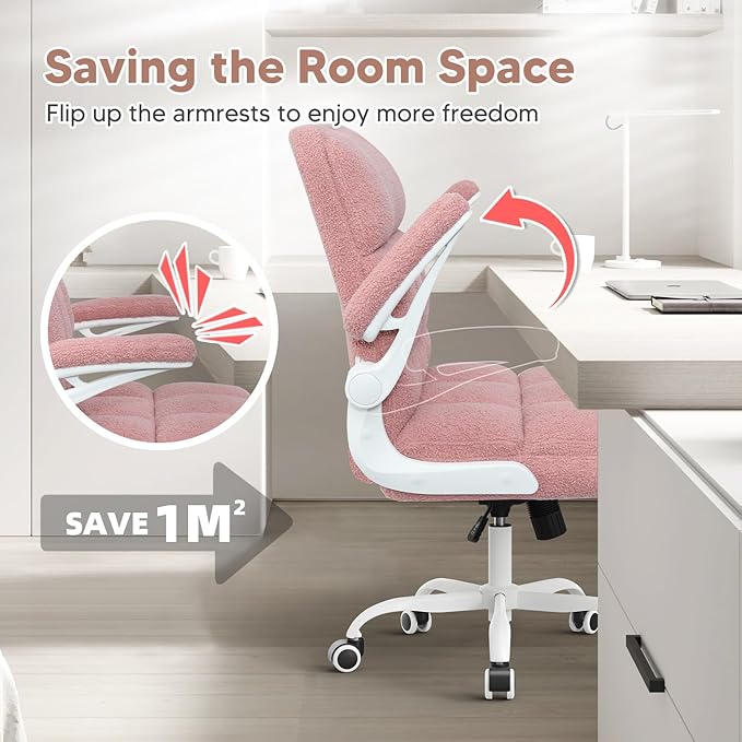Office Chair with Wheels, Ergonomic Computer Desk Chair with Flip-up Armrest, Adjustable Rolling Swivel Chair Teddy Fleece – Dusty Pink