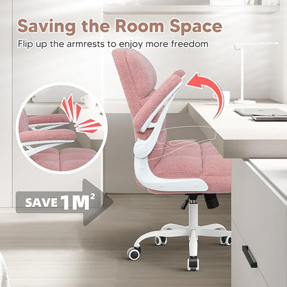 Office Chair with Wheels, Ergonomic Computer Desk Chair with Flip-up Armrest, Adjustable Rolling Swivel Chair Teddy Fleece – Dusty Pink