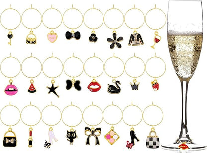 Junkin 24 Pcs Wine Glass Charms Markers Tags for Stem Glasses Drink Markers Wine Charm Ring Identifier for Wedding Bachelorette Tasting Holiday Party Favor Decoration (Cute Style)