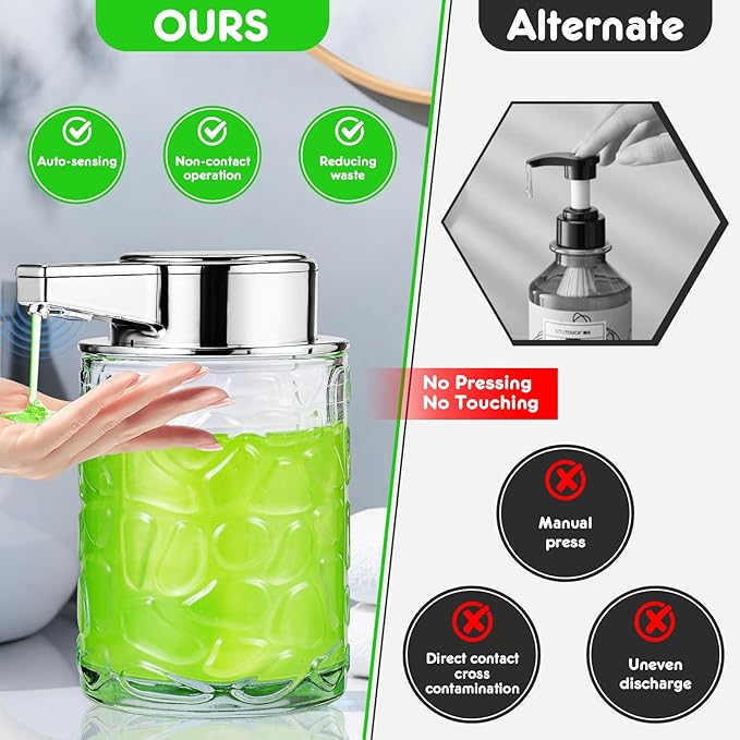 Automatic Touchless Soap Dispenser, Glass Sensor Hand Sanitizer Dispenser with 1800mAh Rechargeable Battery, Waterproof Design for Kitchen & Bathroom (Silver Gel Type)