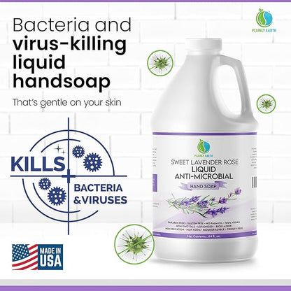 AntiMicrobial Hand Soap 64 oz - Soft and Gentle Sweet Lavender Rose Antibacterial Hand Wash Soap, Long Lasting Freshness & Safe for Skin - Eco Friendly Bulk Refill Packaging