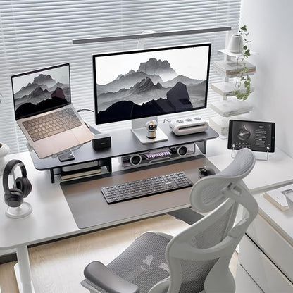 Bamboo Dual Monitor Stand Riser Black, 2-Tier Desk Monitor Riser for 2 Monitors, Supports for PC Computer Monitor, Printer, Heavy TV Riser up to 300 lbs