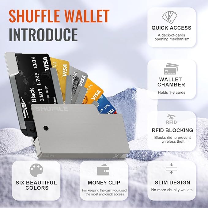 Shuffle Wallet for Men, Deck-of-Cards Opening, RFID Blocking and Slim Design,Titanium Card &Money Clip Wallet, Holds up to 6 Cards, Wallet with Gift Box(Raw Titanium)