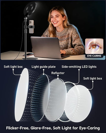 Dimmable Ring Light with Stand for Desk, Adjustable Desk Light for Video Recording, 30 Light Modes Video Conference Lighting, Zoom Lighting for Computer, Webcam, Podcast, Calls, Home Office, CRI 97.8