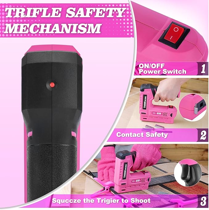 THINKWORK Pink Electric Staple Gun - 2 in 1 Nail Gun Battery Powered with 1000Pcs Staples and Nails, 4V Cordless Upholstery Staple Gun for Wood, Brad Nailer with USB Charger for Carpentry, Crafts, DIY