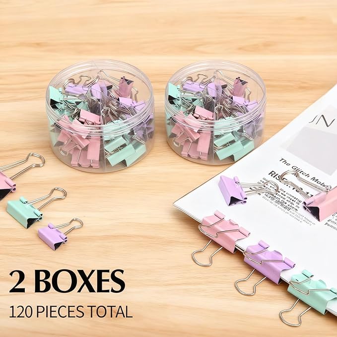 Binder Clips Assorted Sizes, 120 pcs, Morandi Colors, Durable Metal Binder Clips for Office, Cute Desk Supplies for Teachers Student