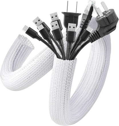 AGPTEK Cable Sleeve Cover, 10ft - 1.5 inch Desk Cord Organizer Cable Hider, Home Office Wire Management Computer TV Wire Loom Tubing, Pet Proof Cord Protector, from Cat Dog Chewing, White