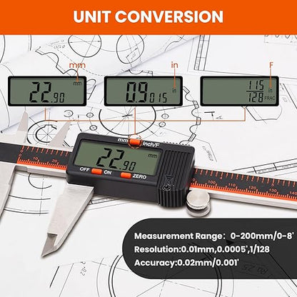 HARDELL Digital Caliper, 0-8 Inch Caliper Measuring Tool with Large LCD Screen, Auto-Off, Inch/Fractions/MM Conversion, Electronic Stainless Steel Micrometer for DIY/Household/3D Printing