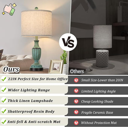 TOBUSA Farmhouse Living Room Table Lamps Set of 2, Green Rustic Vintage Table Lamps for Bedroom Nightstand, Antique Bedside Desk Lamps with Linen Shade, 22’’ Traditional Resin Lamp Sets for End Table