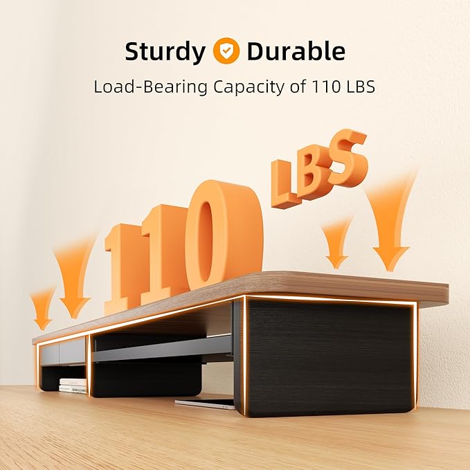 Large Dual Monitor Stand For Desk,43 Inch Desktop Computer Riser with Metal Drawer Desk Shelf Organizer For Computer/Laptop/PC/Printer/TV