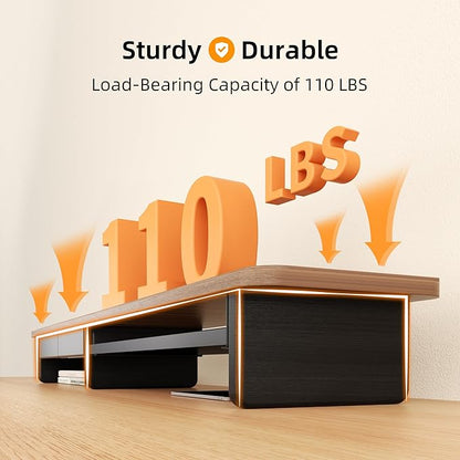 Large Dual Monitor Stand For Desk,43 Inch Desktop Computer Riser with Metal Drawer Desk Shelf Organizer For Computer/Laptop/PC/Printer/TV