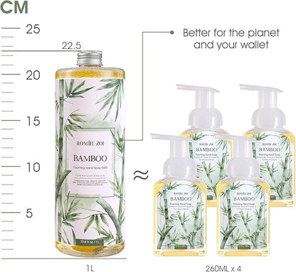 ROMIIE ZOI Foaming Hand Soap Refill Gift Set – 3 Pack (1000ML Each) with Dispenser – Bamboo Scent – Gentle & Moisturizing Plant-Based Formula – Bulk Refill Bottles for Bathroom & Kitchen Use