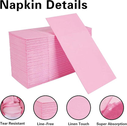 Pink Napkins Hand Towels Disposable, Linen-Feel Dinner Napkins with Prefolded Built-in Flatware Pocket, Guest Paper Hand Towels For Wedding, Dinner Or Party (16x16in, 50Pack）