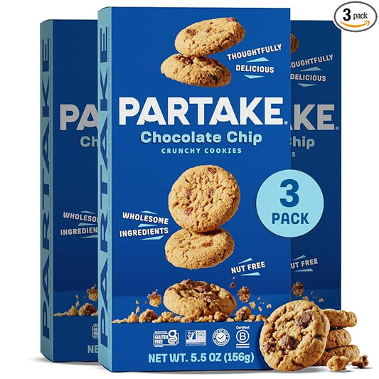 Gluten Free Patake Crunchy Chocolate Chip Cookies - Vegan - Free From the Top 9 Allergens Including Dairy, Wheat, Soy, Eggs, & Peanuts - Non GMO - Safe School & Office Snack (3 Pack, 5.5oz Boxes)